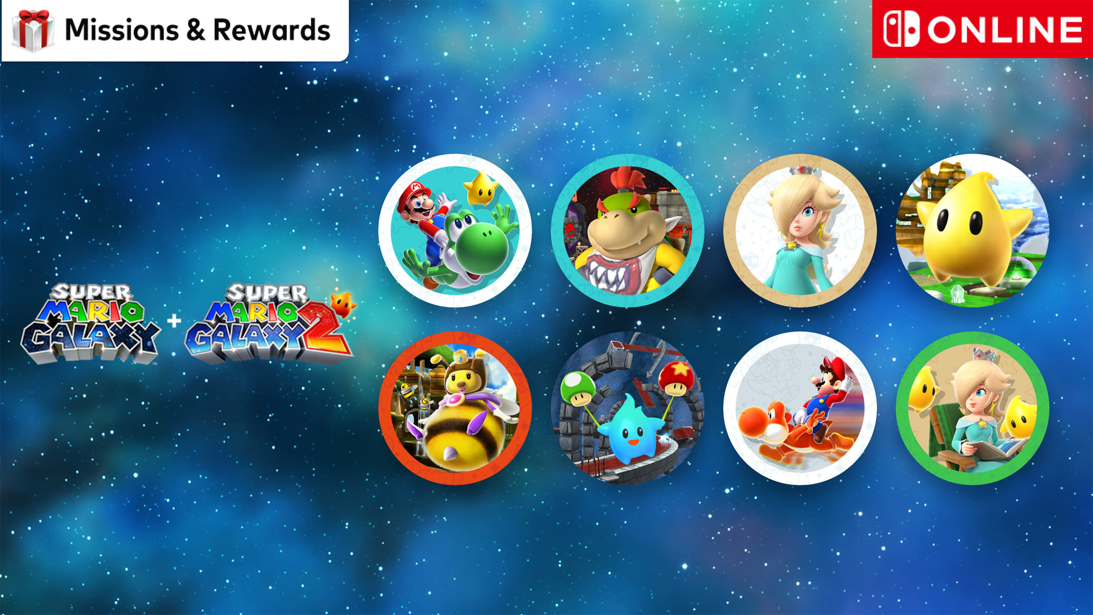 Icônes Super Mario Galaxy sur Nintendo Switch Online avec Mario, Rosalina et Yoshi