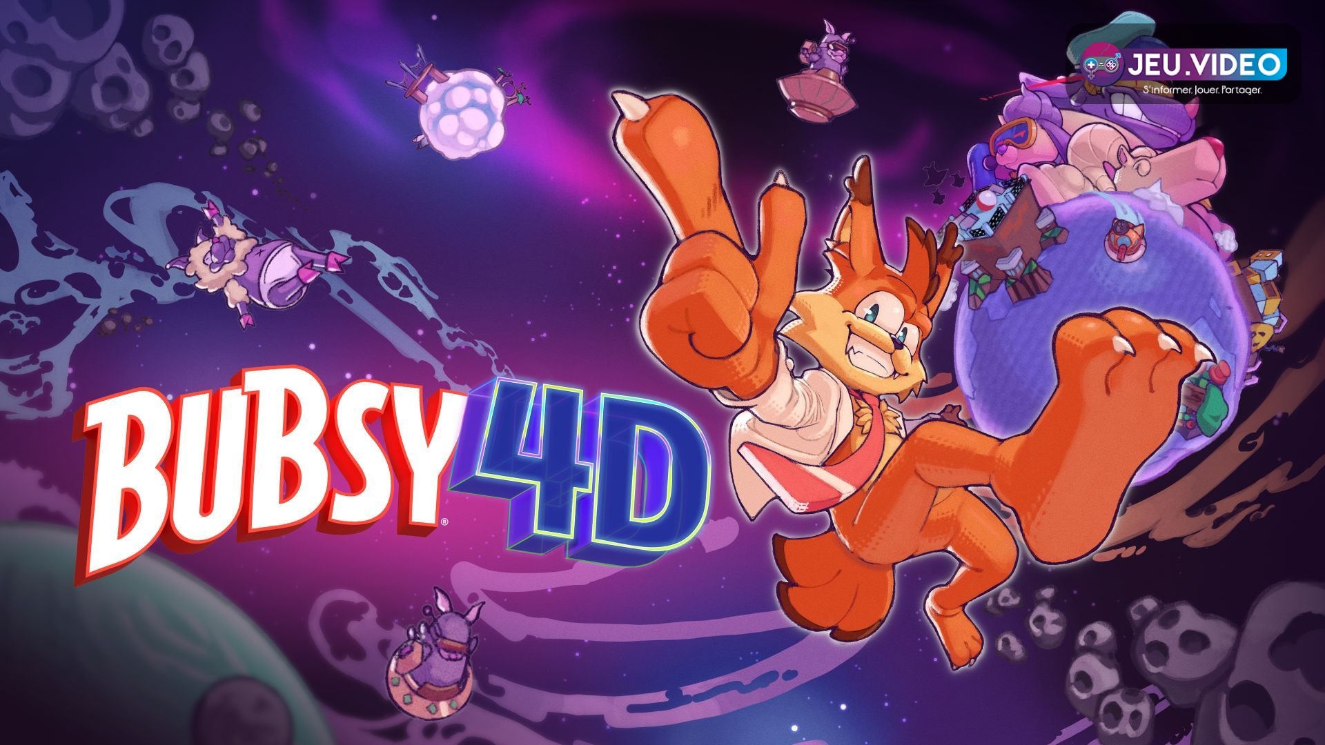 Bubsy 4D avec Bubsy dans un niveau coloré du platformer 3D d'Atari