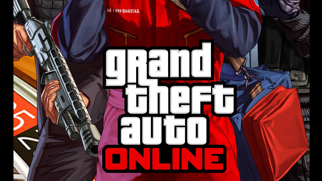 GTA Online mise à jour avec le logo Grand Theft Auto V et les personnages de Los Santos