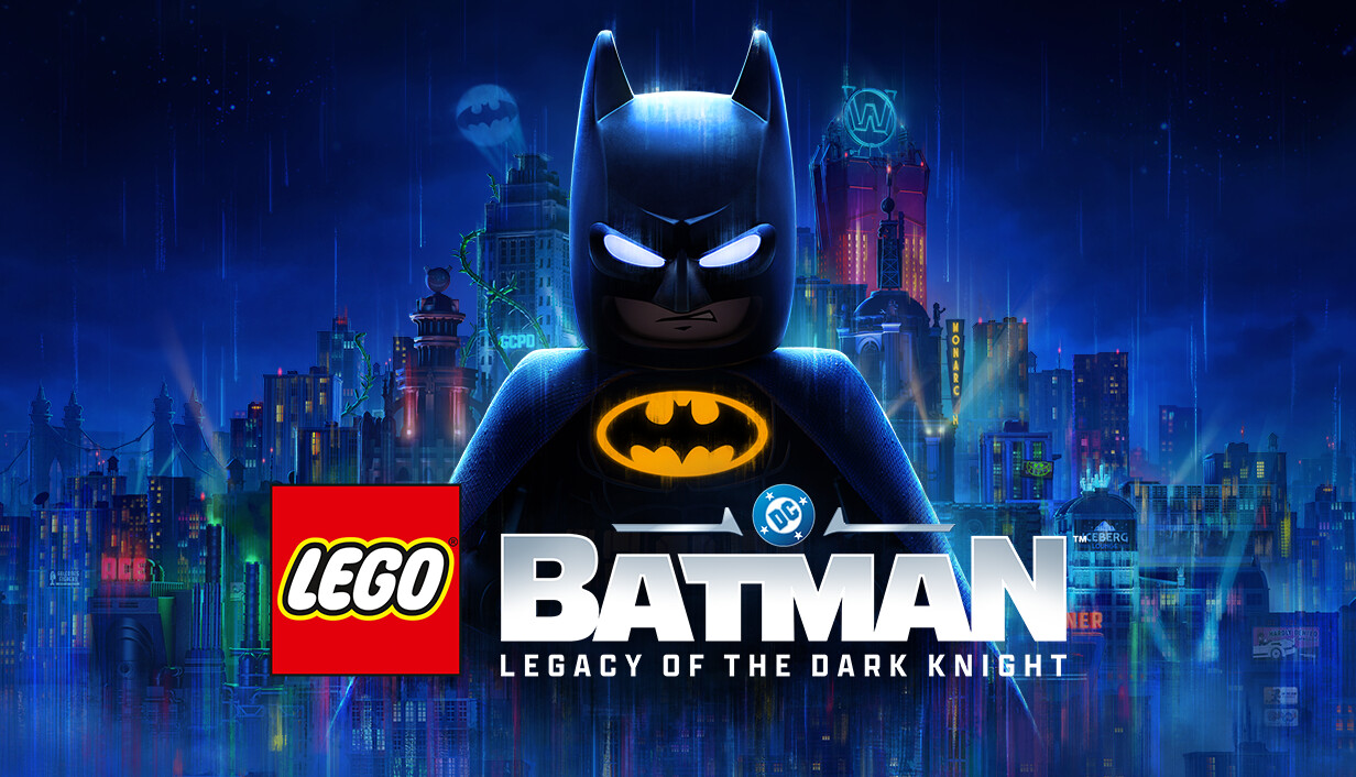 LEGO Batman Switch 2 avec Batman devant Gotham et le logo officiel du jeu