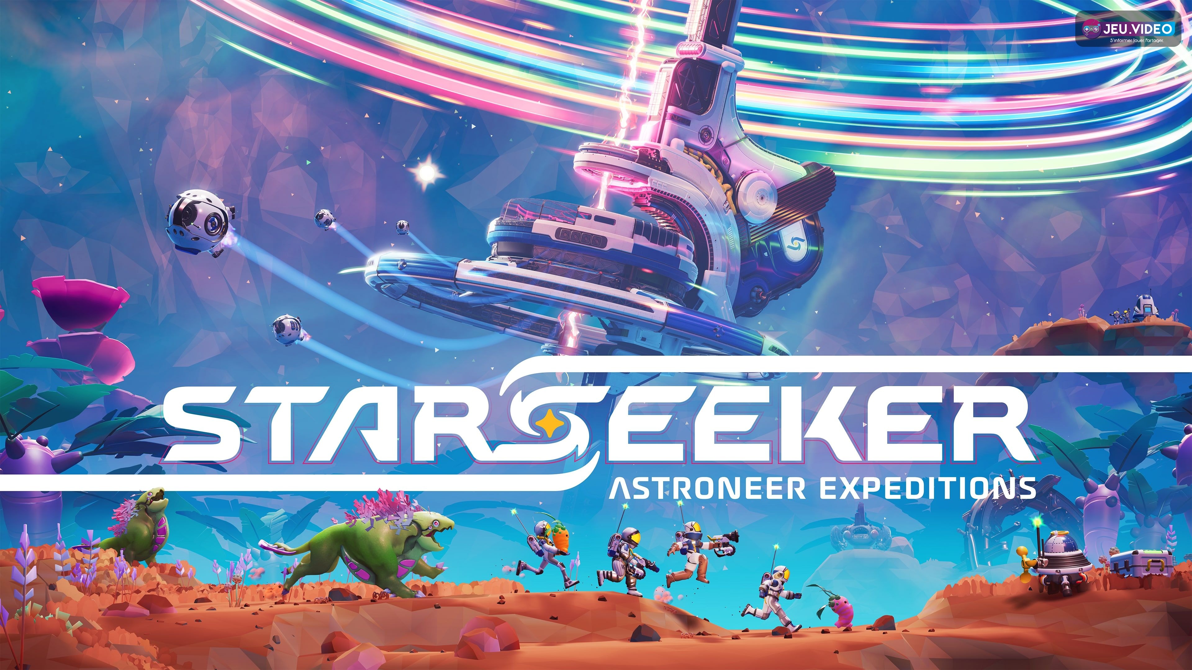 Key art officiel de STARSEEKER avec l’équipage et la station ESS Starseeker
