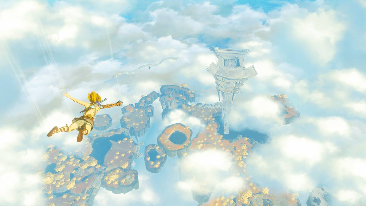 Link pilotant une construction Zonai au-dessus d’Hyrule avec une batterie améliorée