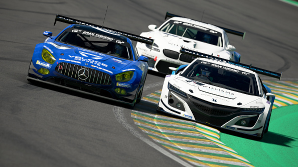 SAO PAULO, BRAZIL - MAY 31: (Editors note: This image was computer generated in-game) Valerio Gallo (Williams_BRacer26) of Italy and Honda battles with Baptiste Beauvois (Veloce_TSUTSU) of France and Mercedes during the Manufacturer Series Top 16 Superstars Round 3 of the FIA Gran Turismo Championship 2020 at Autodromo Jose Carlos Pace on May 31, 2020 in Sao Paulo, Brazil. (NOTE TO USER - Gran Turismo Sport: TM & © 2017 Sony Interactive Entertainment Inc. Developed by Polyphony Digital Inc. Manufacturers, cars, names, brands and associated imagery featured in this game in some cases include trademarks and/or copyrighted materials of their respective owners. All rights reserved). (Photo by Clive Rose - Gran Turismo/Gran Turismo via Getty Images)