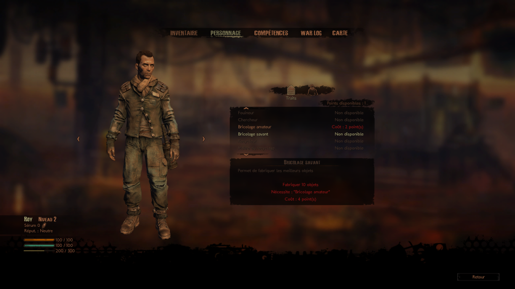 Image d'un menu du jeu où l'on voit les palliers qui améliorent les compétences du personnage.