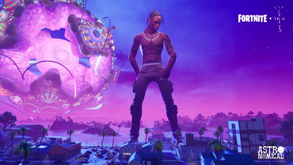Un Travis Scott gigantesque pose à côté d'une sphère rose volante.