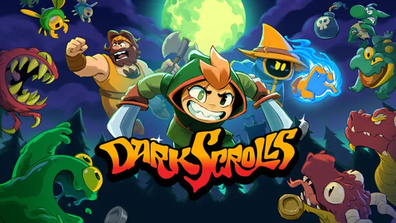 Dark Scrolls date de sortie avec héros pixel art et logo du jeu