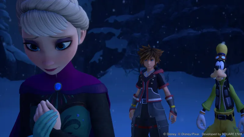 Kingdom Hearts Switch 2 montrant Sora avec Elsa et Dingo dans la collection officielle