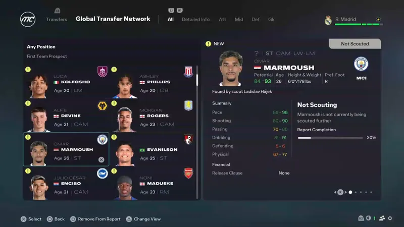Réseau mondial de transferts dans EA Sports FC 26 avec rapport de scout et statistiques potentielles d