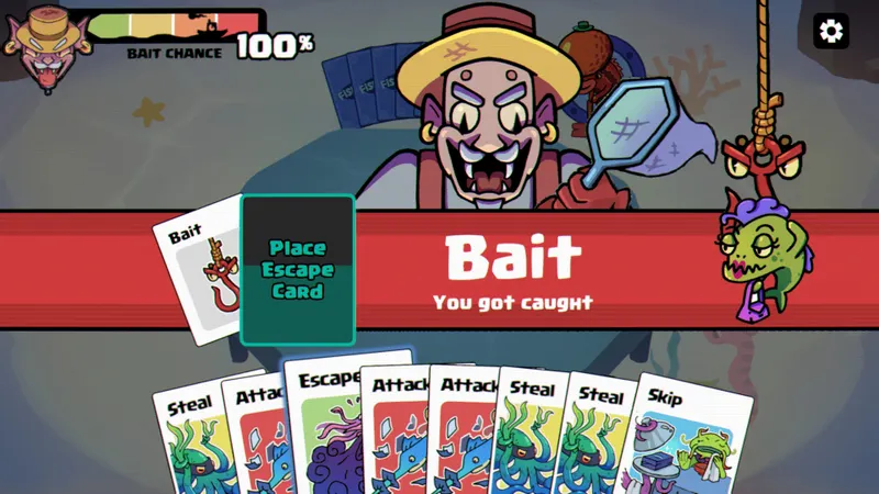Pantalla de juego de Fishbait con cartas de colores y elementos de supervivencia