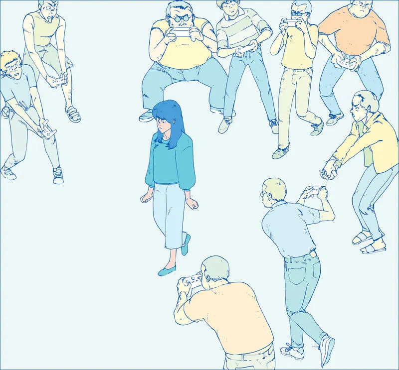 Une femme entouré par des joueurs masculins