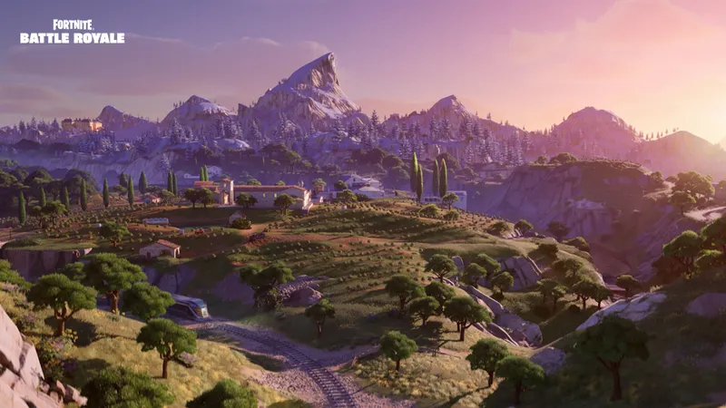 Paysage de Fortnite Battle Royale montrant une zone ouverte pour planifier une rotation sûre