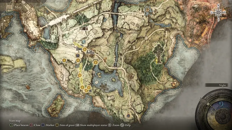 Carte d’Elden Ring utilisée pour planifier une route entre sites de grâce, grottes et mines avant d’améliorer son arme