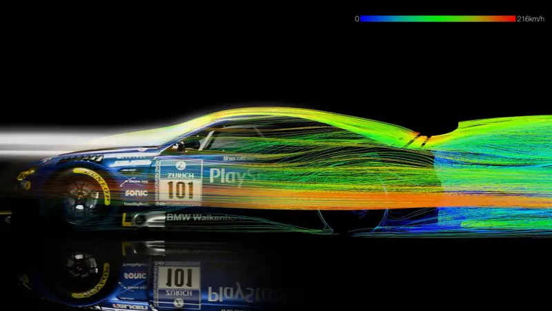 Visualisation aérodynamique Gran Turismo 7 montrant les flux d’air autour d’une voiture pour comprendre l’impact de l’appui et de la hauteur de caisse