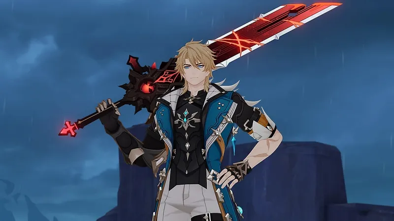 Scène officielle de Genshin Impact montrant un personnage armé face à un ennemi durable