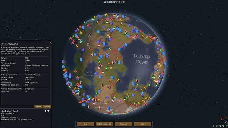 Carte du monde de RimWorld montrant les biomes et la temperature pour choisir une zone de depart stable