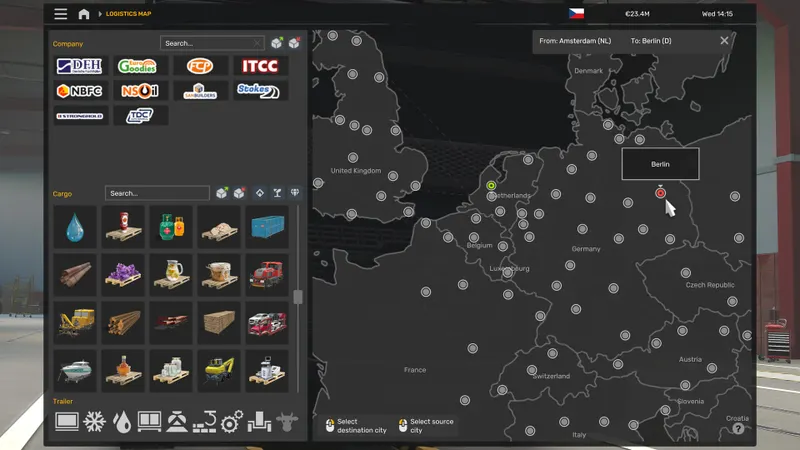 Camion de Euro Truck Simulator 2 circulant de nuit sous la pluie avec les feux allumés