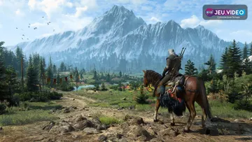 Geralt à cheval face à une vallée montagneuse dans The Witcher 3, image officielle adaptée à un guide de réglages Steam Deck