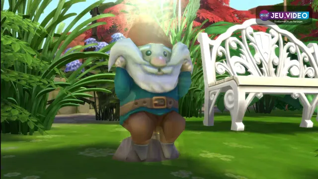 Scène officielle de The Sims 4 dans un jardin avec personnages en tenue de réception, utilisée pour illustrer une ferme aménagée et lisible