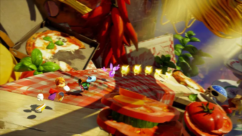 Rayman Legends Retold dans un niveau coloré avec Lums et décor de cuisine géante