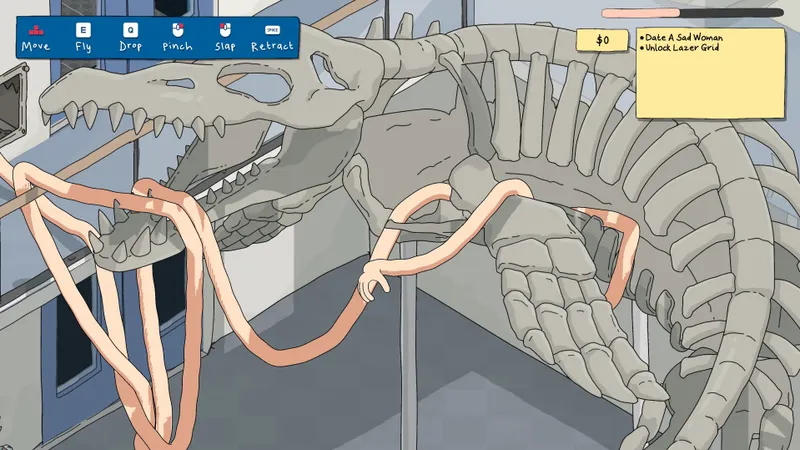 My Arms Are Longer Now dans un musée avec un squelette et une interface de casse