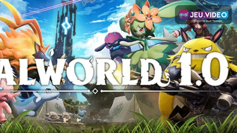 Visuel officiel de Palworld montrant des Pals qui construisent sur un terrain dégagé autour de structures de base