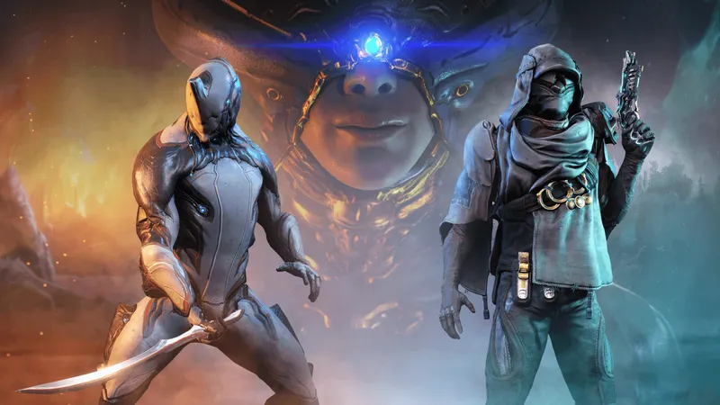 Image officielle Warframe montrant le Drifter et une Warframe devant Dominus Thrax pour The Duviri Paradox
