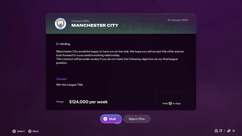 Offre de contrat de Manchester City dans EA Sports FC 26 avec salaire, objectif final et choix de signer ou refuser
