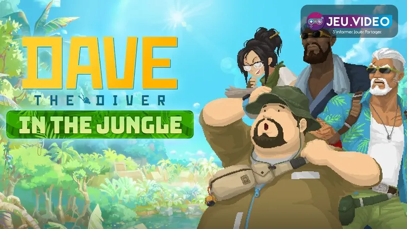 Dave the Diver DLC In the Jungle avec Dave devant la jungle et le logo officiel