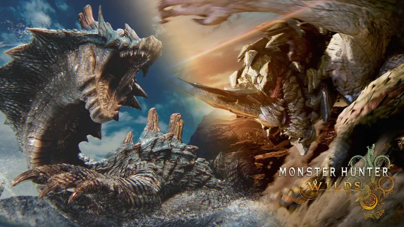 Deux grands monstres de Monster Hunter Wilds dans une zone rocheuse avant une ouverture
