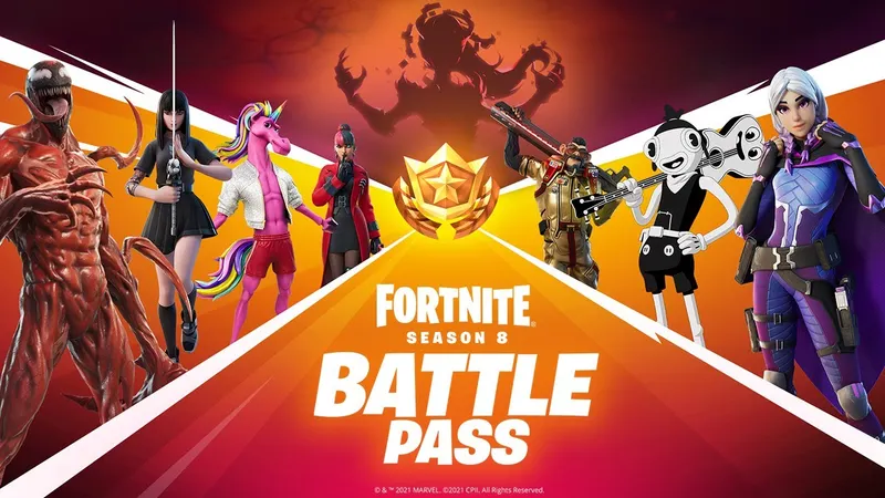 Fortnite Battle Pass officiel, personnages et récompenses en composition paysage