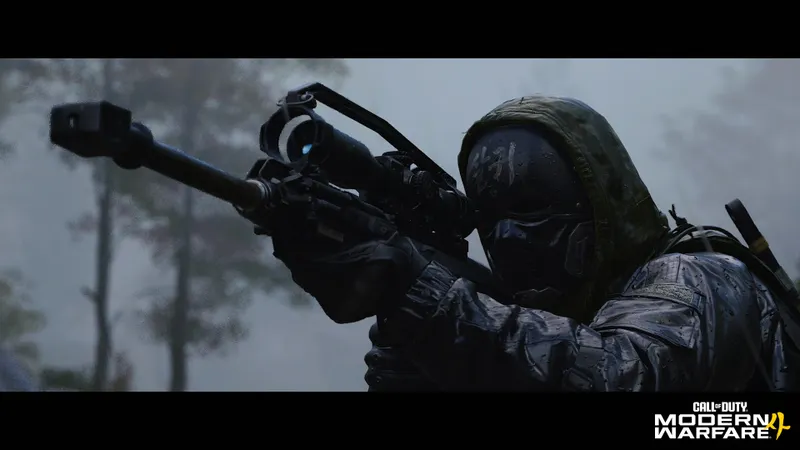 Un combattant masqué, sous la pluie, vise avec un fusil de précision. Le logo Call of Duty: Modern Warfare 4 apparaît en bas à droite.