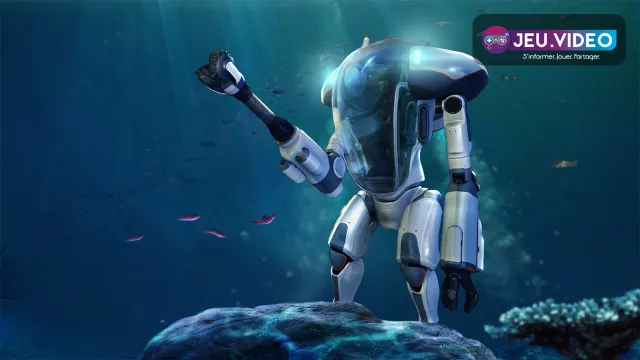 PRAWN Suit de Subnautica devant un immense squelette fossile dans une zone profonde, idéal pour illustrer la transition vers le mid-game