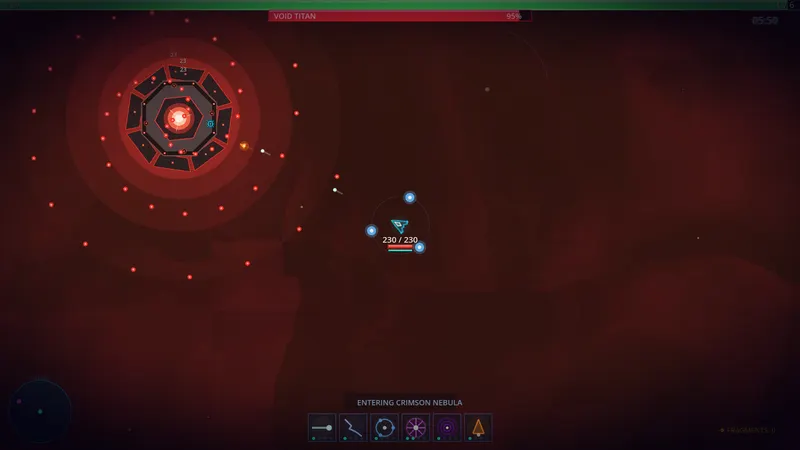 Combat de boss dans FARLUME avec projectiles rouges et interface de survie