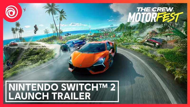 An orange sports car drives along a coastal road lined with palm trees, with other vehicles and a tropical landscape in the background.