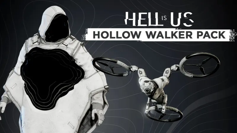 Visuel officiel du Hollow Walker Pack de Hell is Us montrant Rémi et le drone KAPI pour illustrer les modules et l’équipement