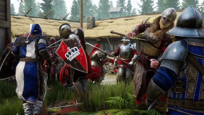 Combattants de Mordhau affrontant un groupe adverse près d’une fortification, situation typique à rejoindre sur un serveur officiel crossplay