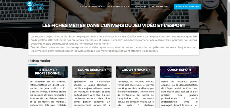 gaming jobs fiches métiers