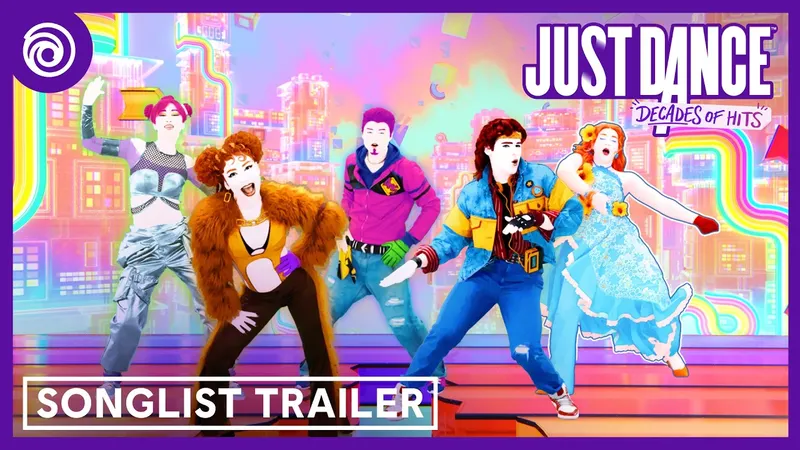Cinco dançarinos com roupas coloridas diante de um cenário urbano em tons pastel e com motivos de arco-íris, com os dizeres “Just Dance: Decades of Hits” e “Trailer da lista de músicas”.