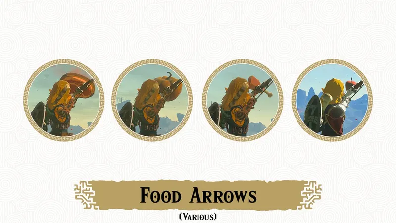 Flèches fusionnées avec de la nourriture dans Zelda Tears of the Kingdom, exemple de fusion drôle mais moins prioritaire que les yeux et fruits élémentaires