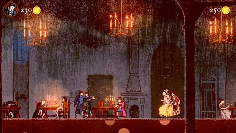 On voit des personnages assis à des tables dans un décor du XVIIIème siècle