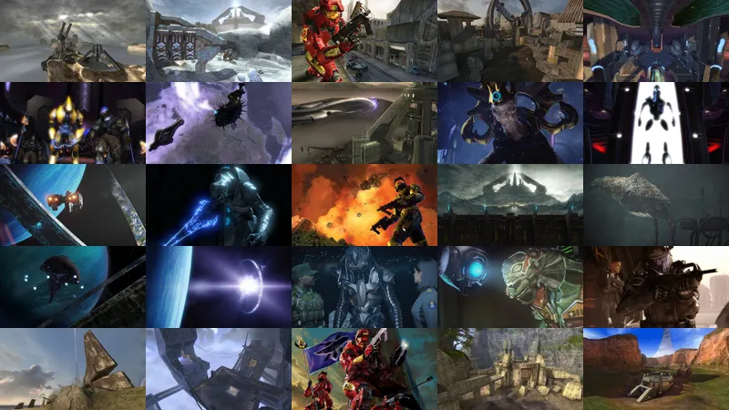 Collage officiel Halo 2 avec scènes de campagne et cartes multijoueur pour préparer une reprise dans MCC