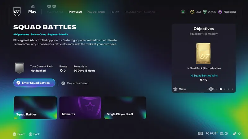 FC 26 Squad Battles menu showing recommended Objectives before an Ultimate Team match