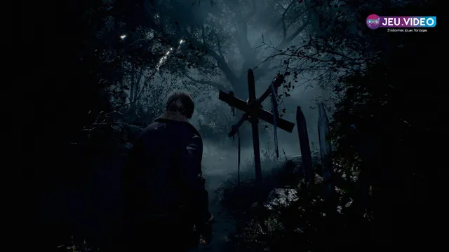 Leon dans Resident Evil 4 Remake face au village, point de départ d’une route S+ pour le trophée Hardcore