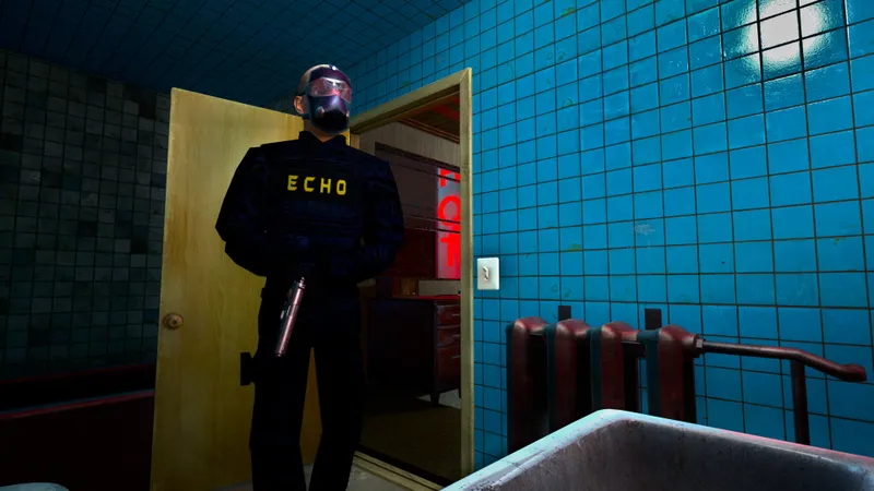 Already Dead montrant un personnage armé dans une salle de bain bleue