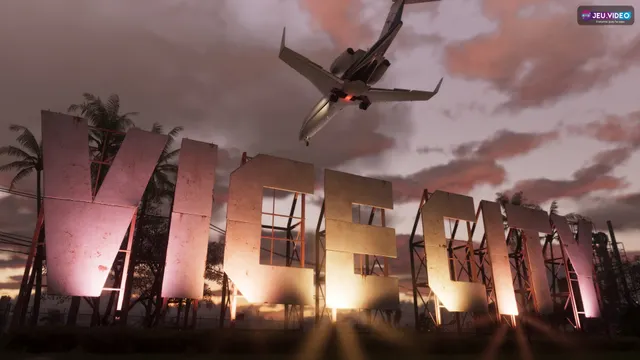 Panneau Vice City de GTA 6 avec avion au coucher du soleil pour illustrer la date de sortie officielle et le retour dans la ville principale