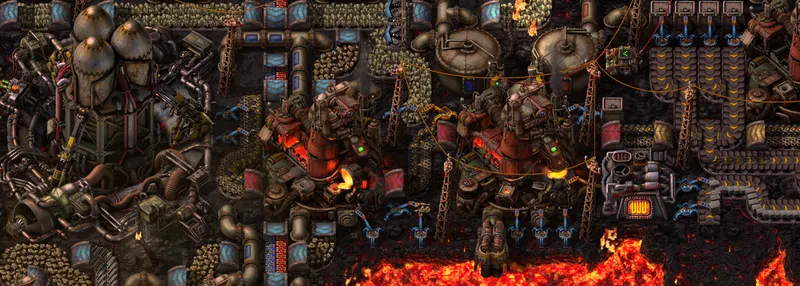 Base Factorio Space Age sur Vulcanus avec lave, fonderies et minerais pour planifier une première planète orientée métallurgie