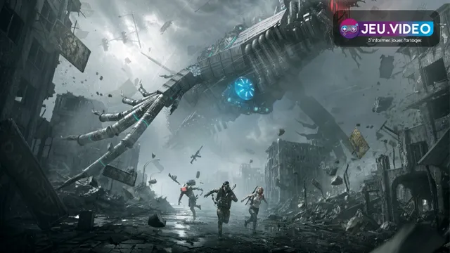 Illustration officielle de Once Human montrant trois survivants courant dans une ville dévastée sous un immense Deviant volant.