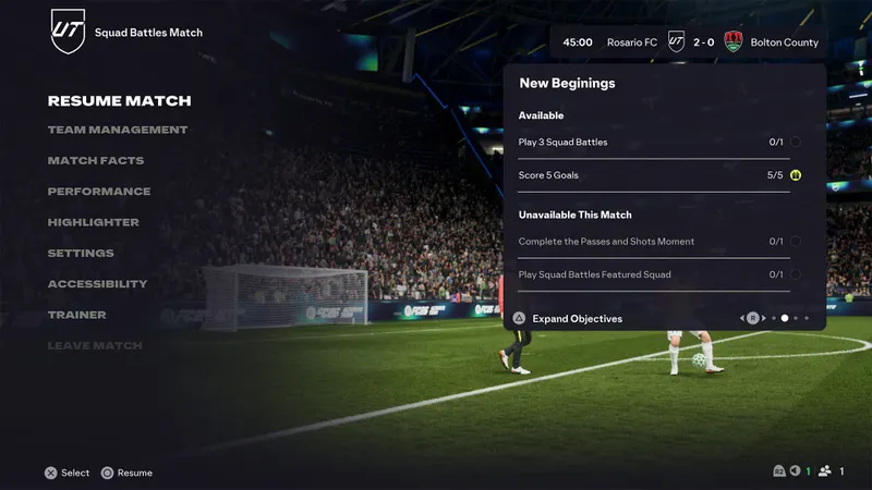 FC 26 pause menu showing Ultimate Team Objective tracking during Squad Battles