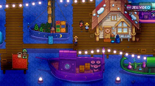 Ferme colorée de Stardew Valley avec cultures, maison et bâtiments agricoles visibles dans un paysage de campagne