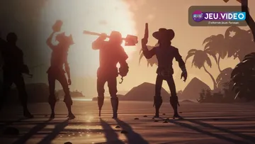 Quatre pirates de Sea of Thieves réunis sur une plage au coucher du soleil pour illustrer un équipage crossplay entre PS5, Xbox et PC